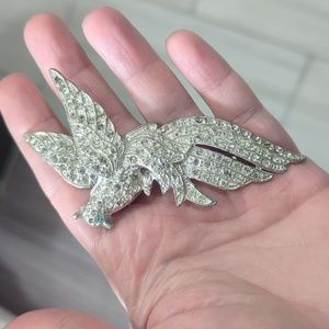 Large pave rhinestone vintage bird brooch silver tone costume jewelry